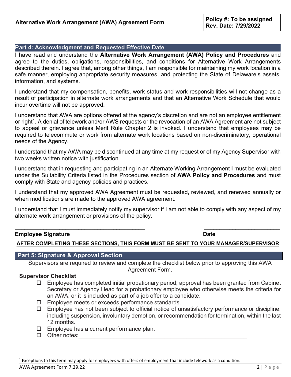 Alternative Work Arrangement Agreement (Awa) Form - Statewide - Delaware, Page 2