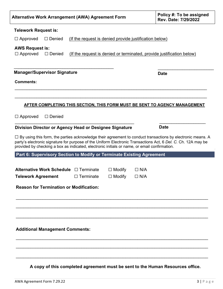 Alternative Work Arrangement Agreement (Awa) Form - Statewide - Delaware, Page 3