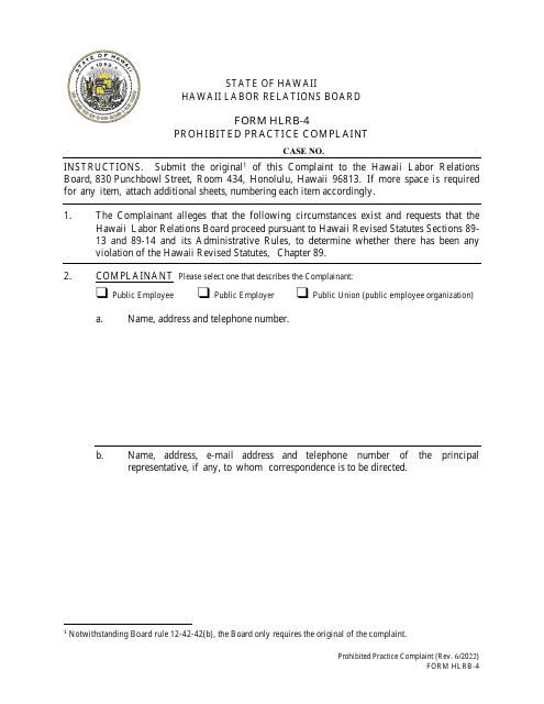 Form HLRB-4 Prohibited Practice Complaint - Hawaii