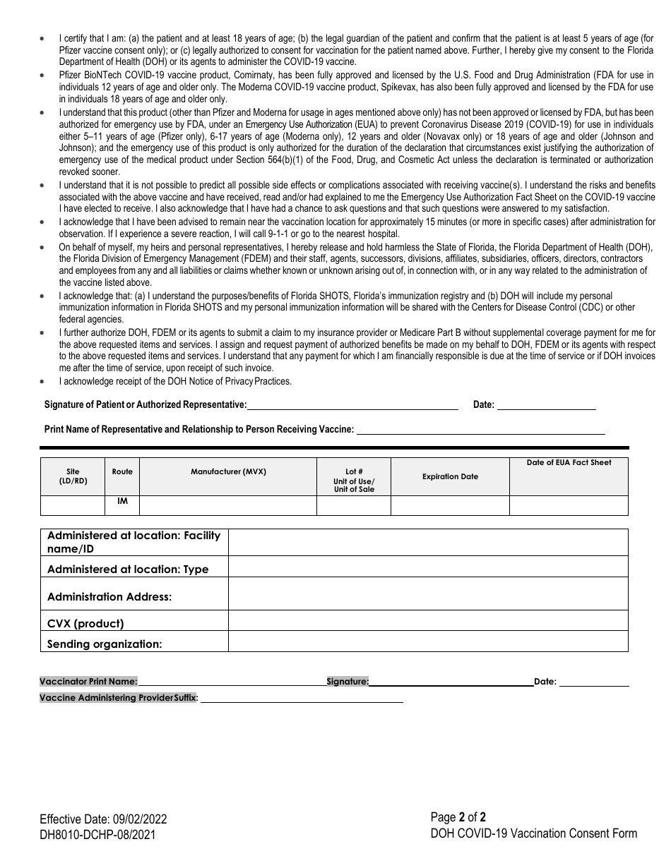 Form DH8010-DCHP Covid-19 Vaccine Screening and Consent Form - Florida, Page 2