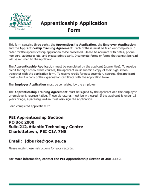 Apprenticeship Application Form - Prince Edward Island, Canada Download Pdf