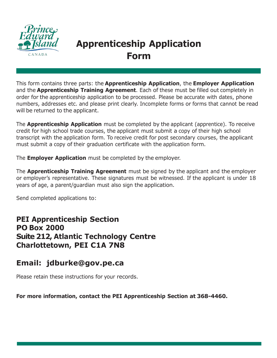 Prince Edward Island Canada Apprenticeship Application Form Fill Out