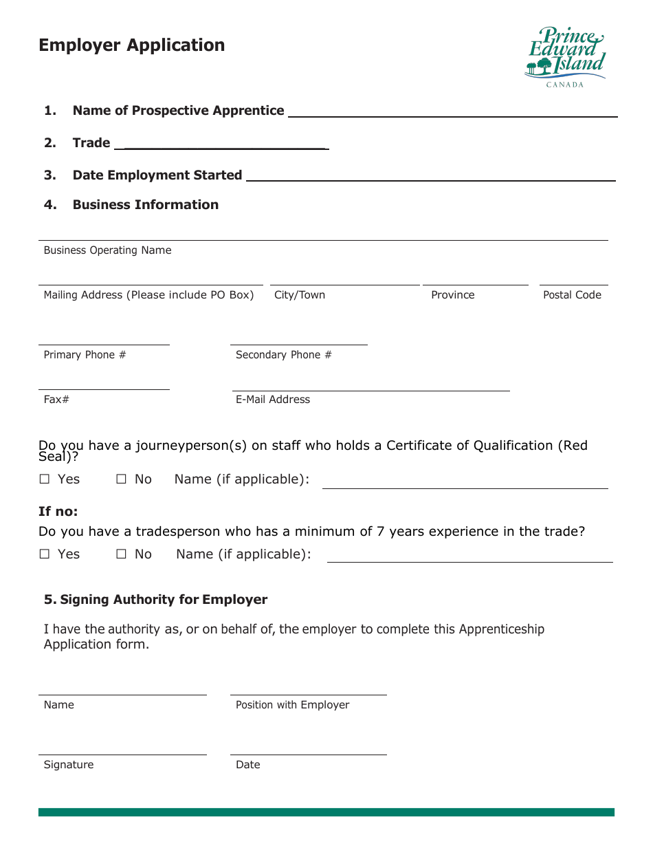 Apprenticeship Application Form - Prince Edward Island, Canada, Page 5