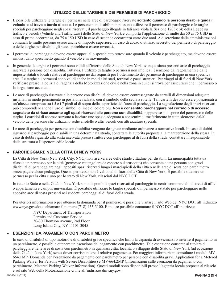Form MV-664.1I Application for a Parking Permit or License Plates, for Persons With Severe Disabilities - New York (Italian), Page 2