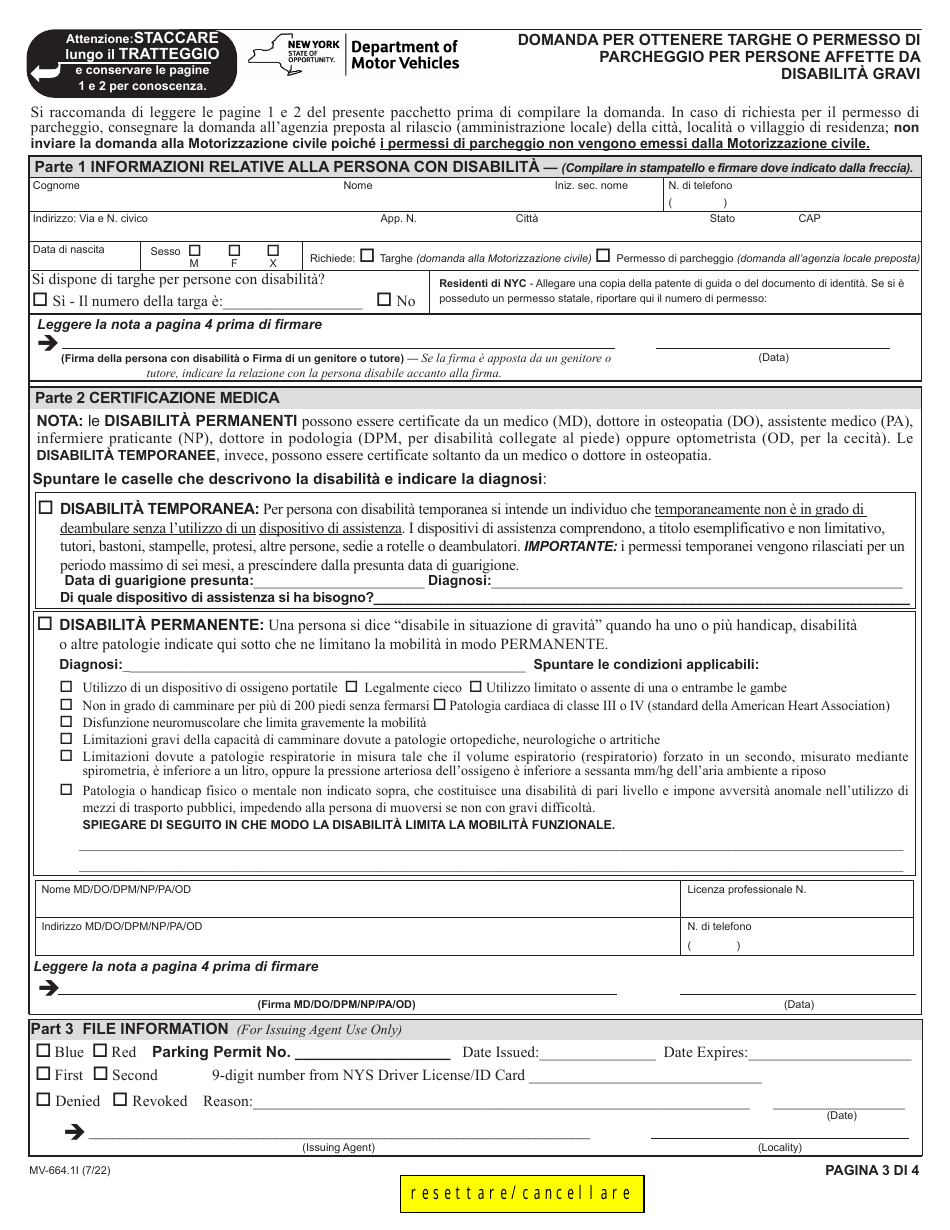 Form MV-664.1I Application for a Parking Permit or License Plates, for Persons With Severe Disabilities - New York (Italian), Page 3