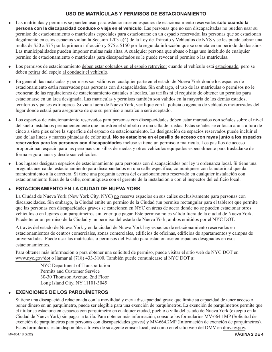 Formulario MV-664.1S Solicitud De Un Permiso De Estacionamiento O Matriculas, Para Personas Con Discapacidades Graves - New York (Spanish), Page 2