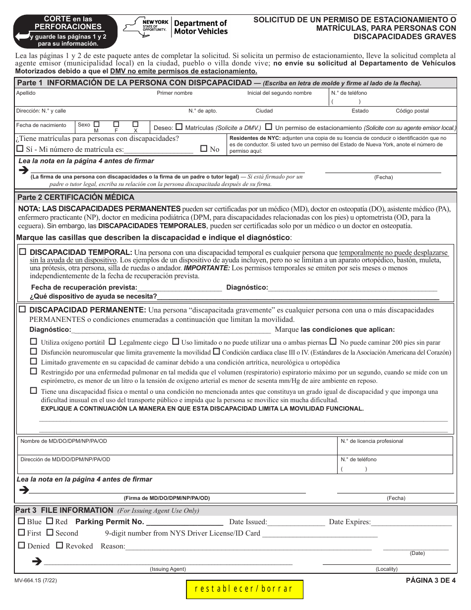 Formulario MV-664.1S Solicitud De Un Permiso De Estacionamiento O Matriculas, Para Personas Con Discapacidades Graves - New York (Spanish), Page 3