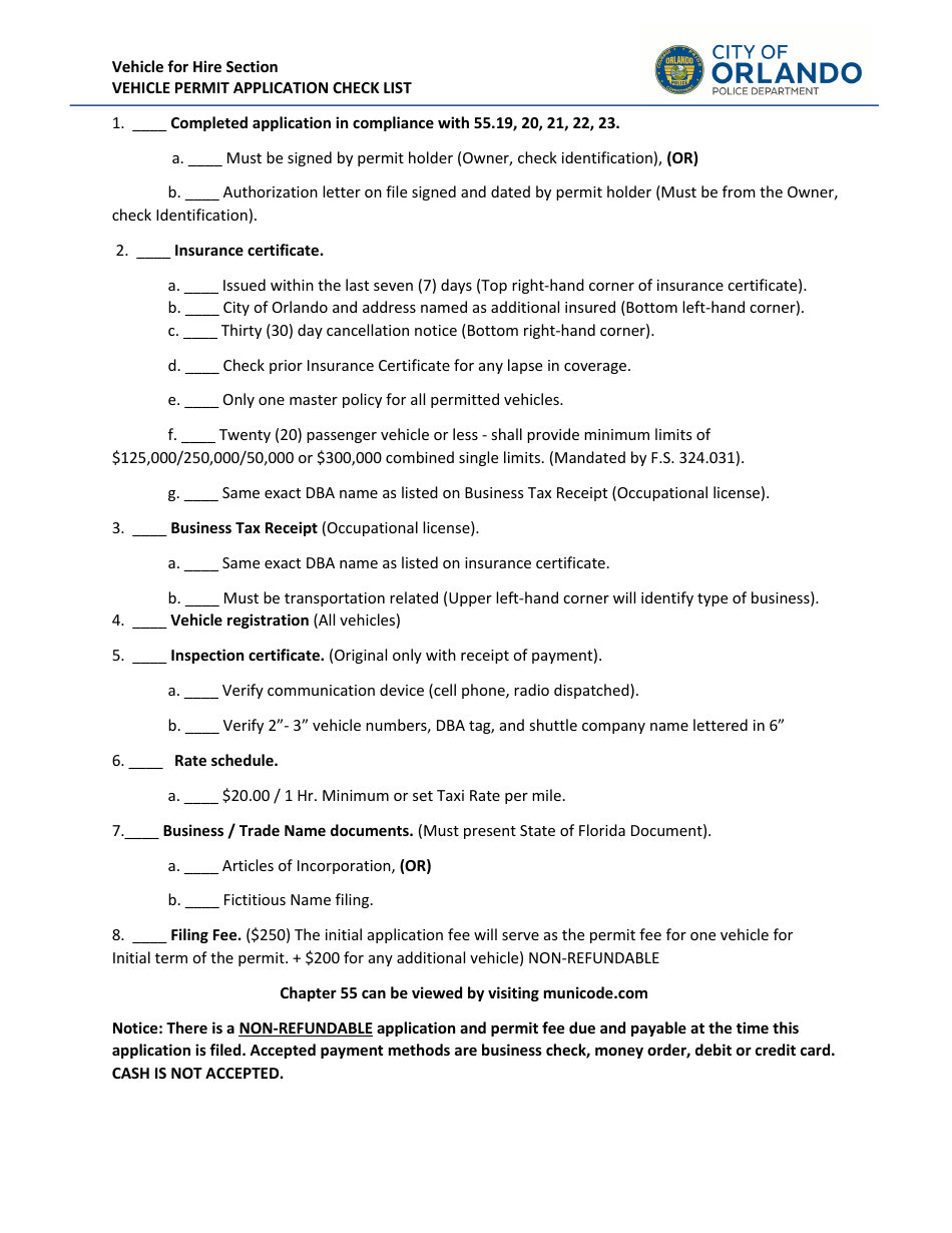 Vehicle Permit Application Checklist - City of Orlando, Florida, Page 1