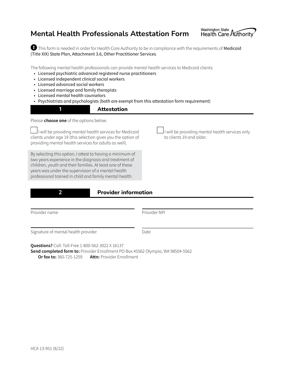 Form HCA13-951 Mental Health Professionals Attestation Form - Washington, Page 1