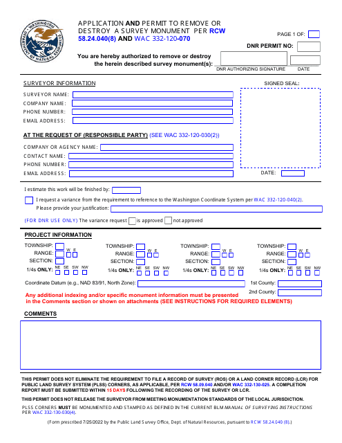 Application and Permit to Remove or Destroy a Survey Monument Per Rcw 58.24.040(8) and Wac 332-120-070 - Washington Download Pdf