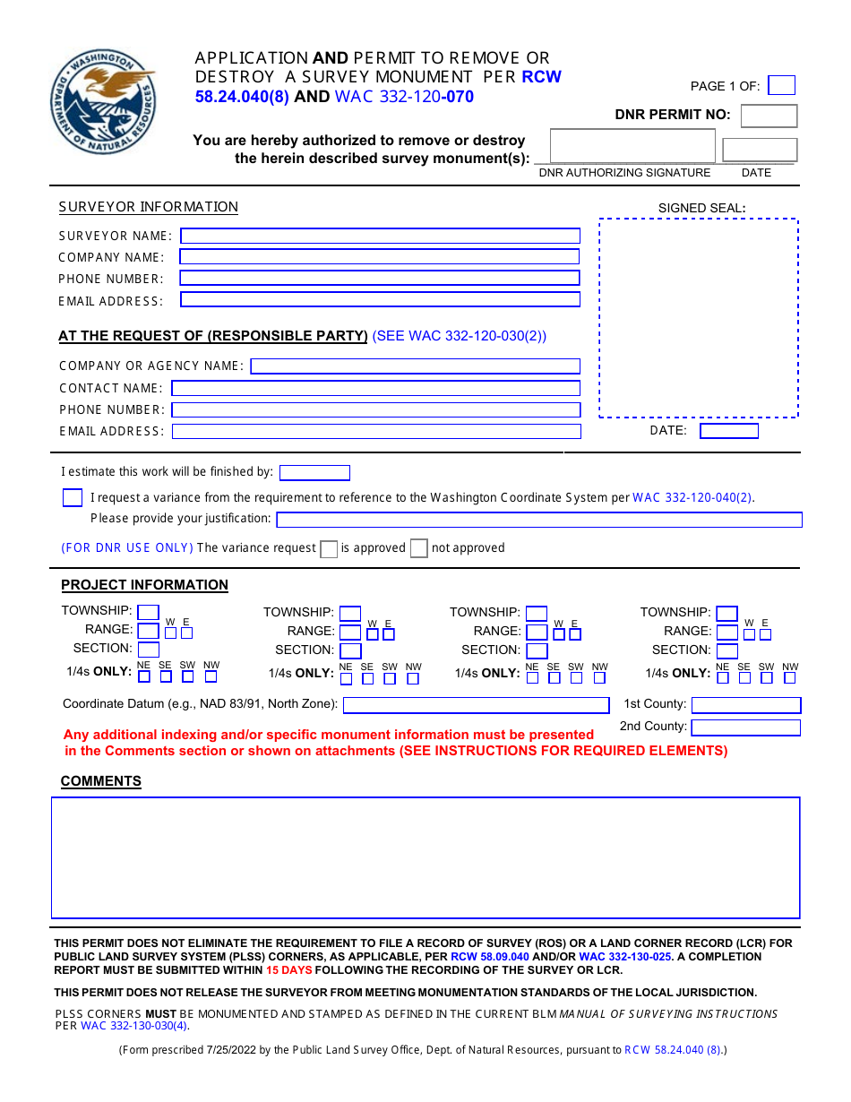 Washington Application And Permit To Remove Or Destroy A Survey ...