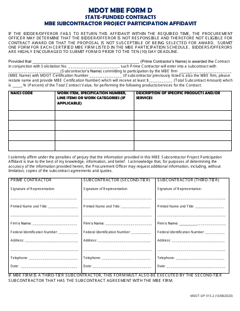 MDOT MBE Form D (MDOT-OP015-2) State-Funded Contracts Mbe Subcontractor Project Participation Affidavit - Maryland