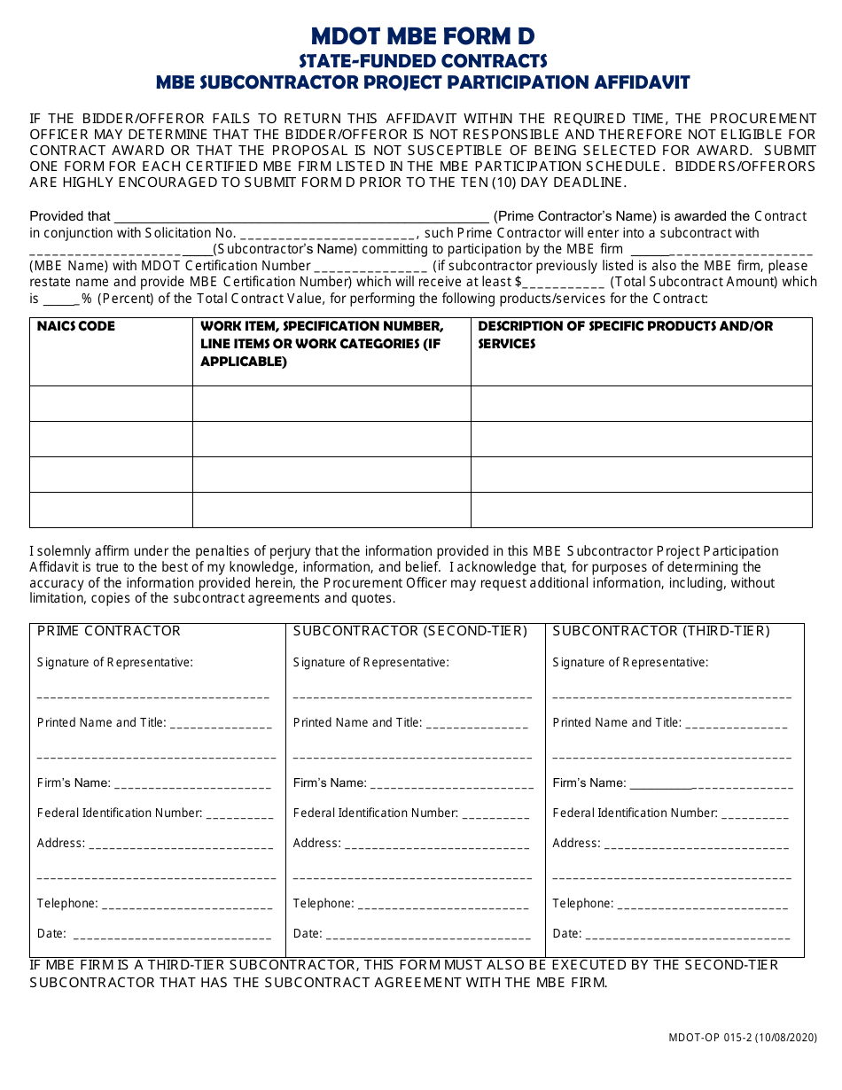 MDOT MBE Form D (MDOT-OP015-2) State-Funded Contracts Mbe Subcontractor Project Participation Affidavit - Maryland, Page 1