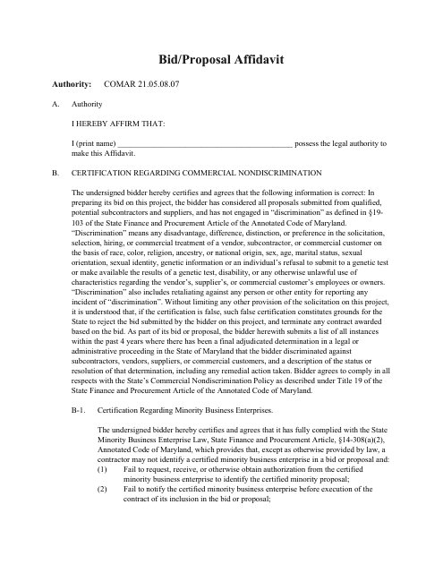 Bid / Proposal Affidavit - Maryland Download Pdf