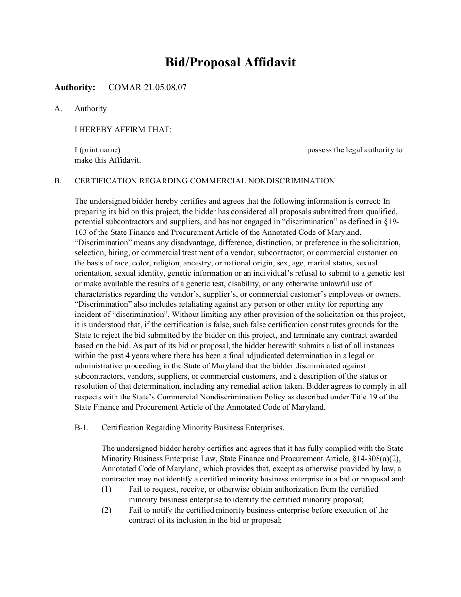 Bid / Proposal Affidavit - Maryland, Page 1