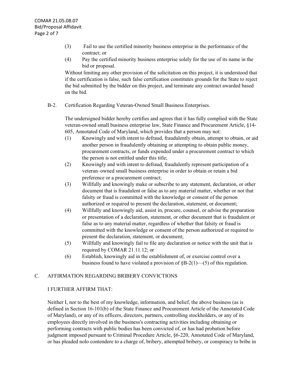 Bid / Proposal Affidavit - Maryland, Page 2