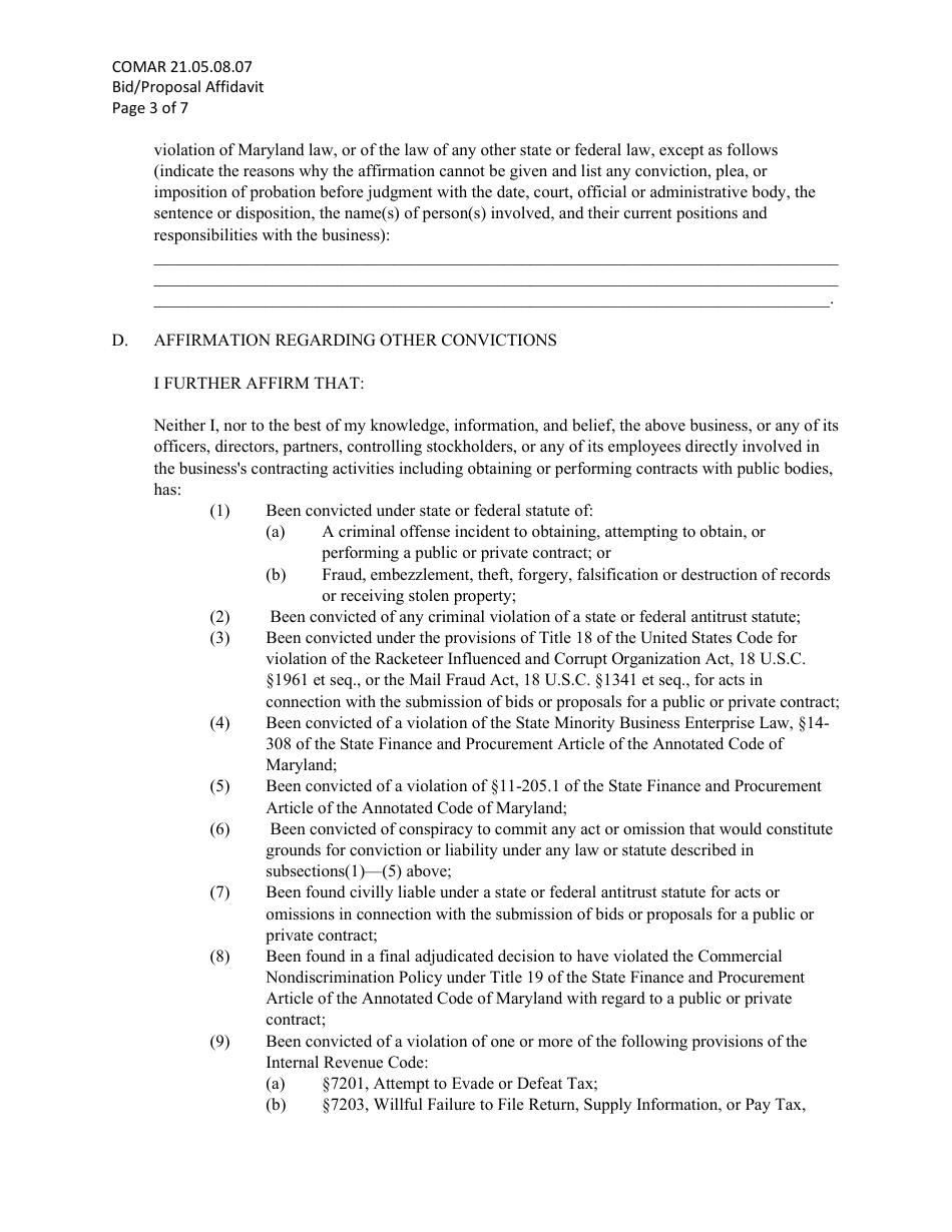Bid / Proposal Affidavit - Maryland, Page 3