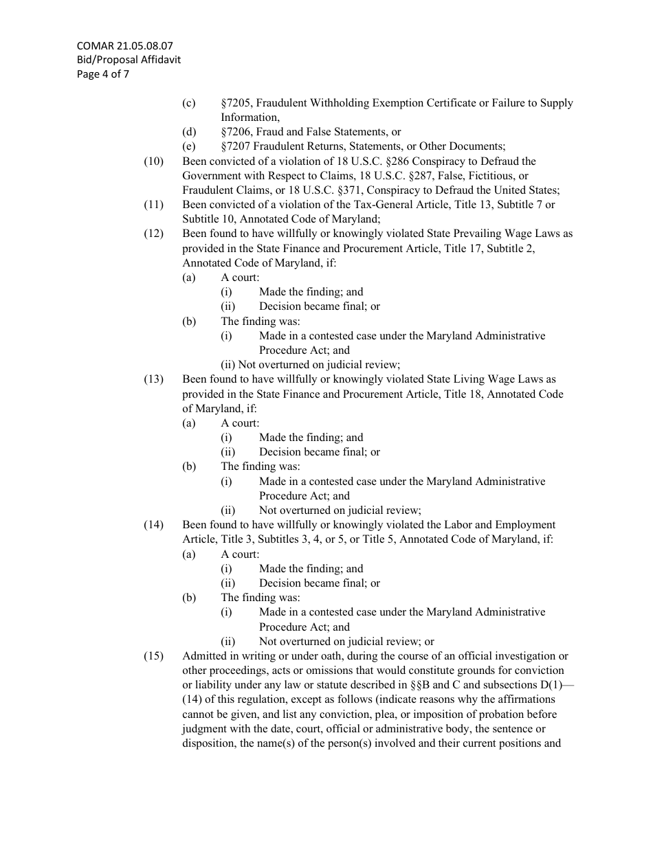 Bid / Proposal Affidavit - Maryland, Page 4