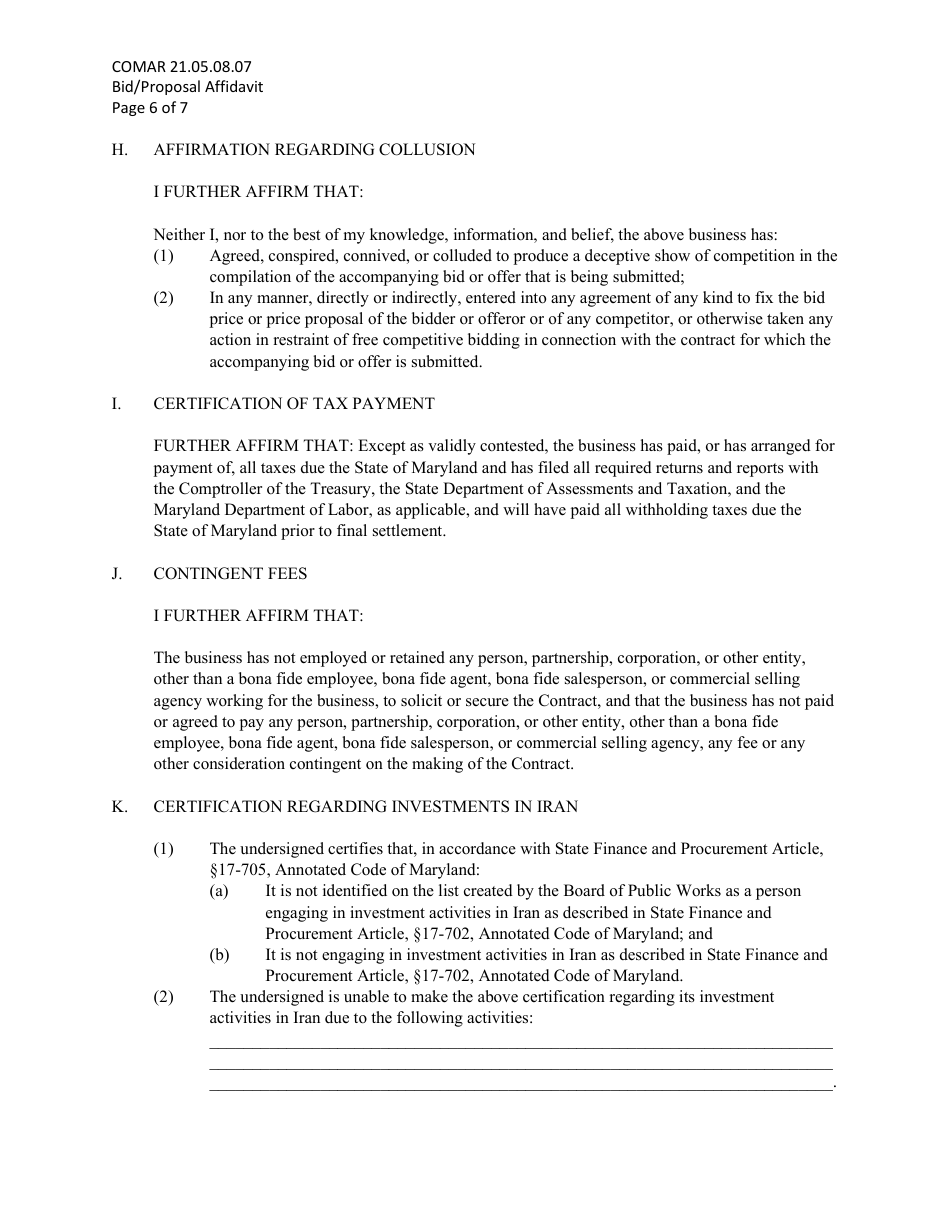 Bid / Proposal Affidavit - Maryland, Page 6