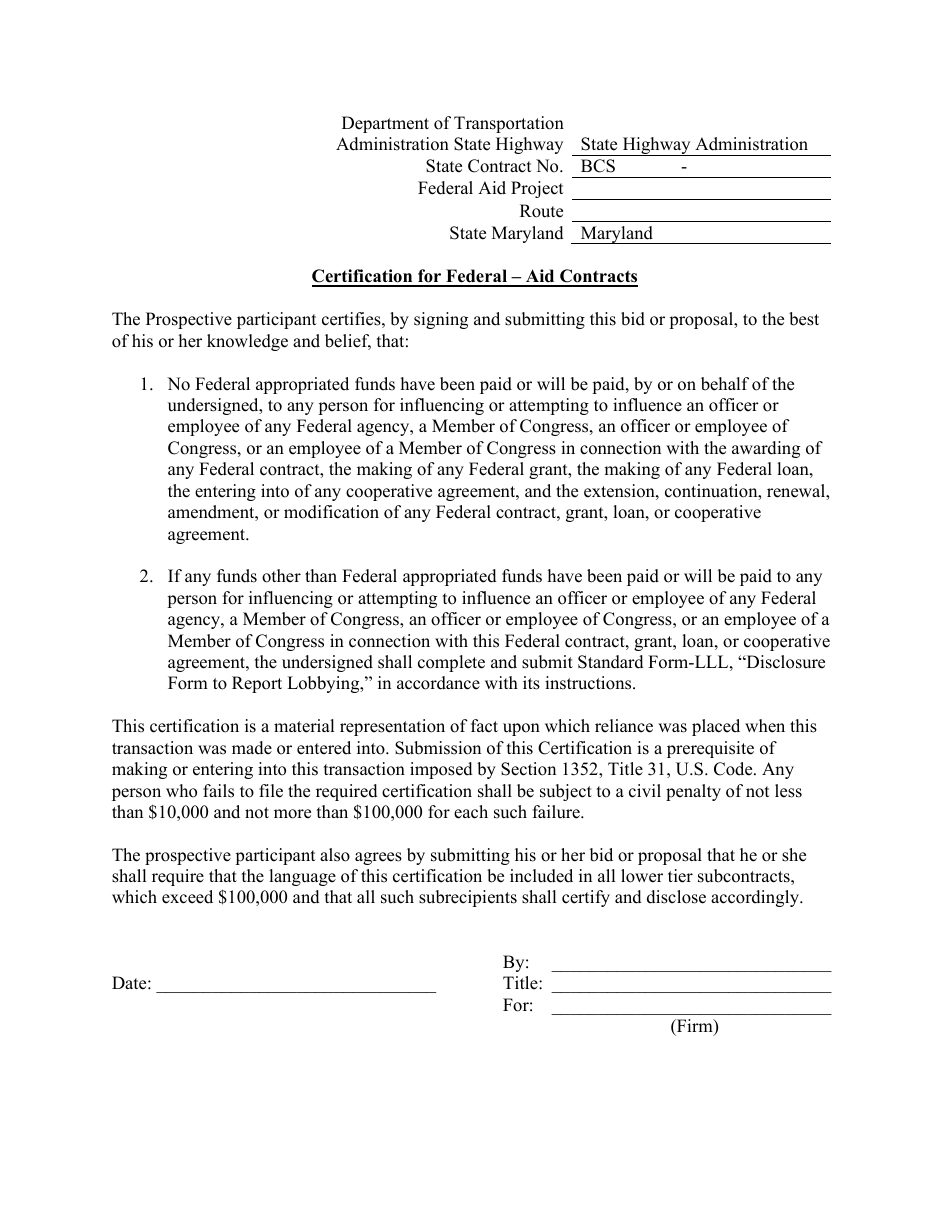 Certification for Federal - Aid Contracts - Maryland, Page 1