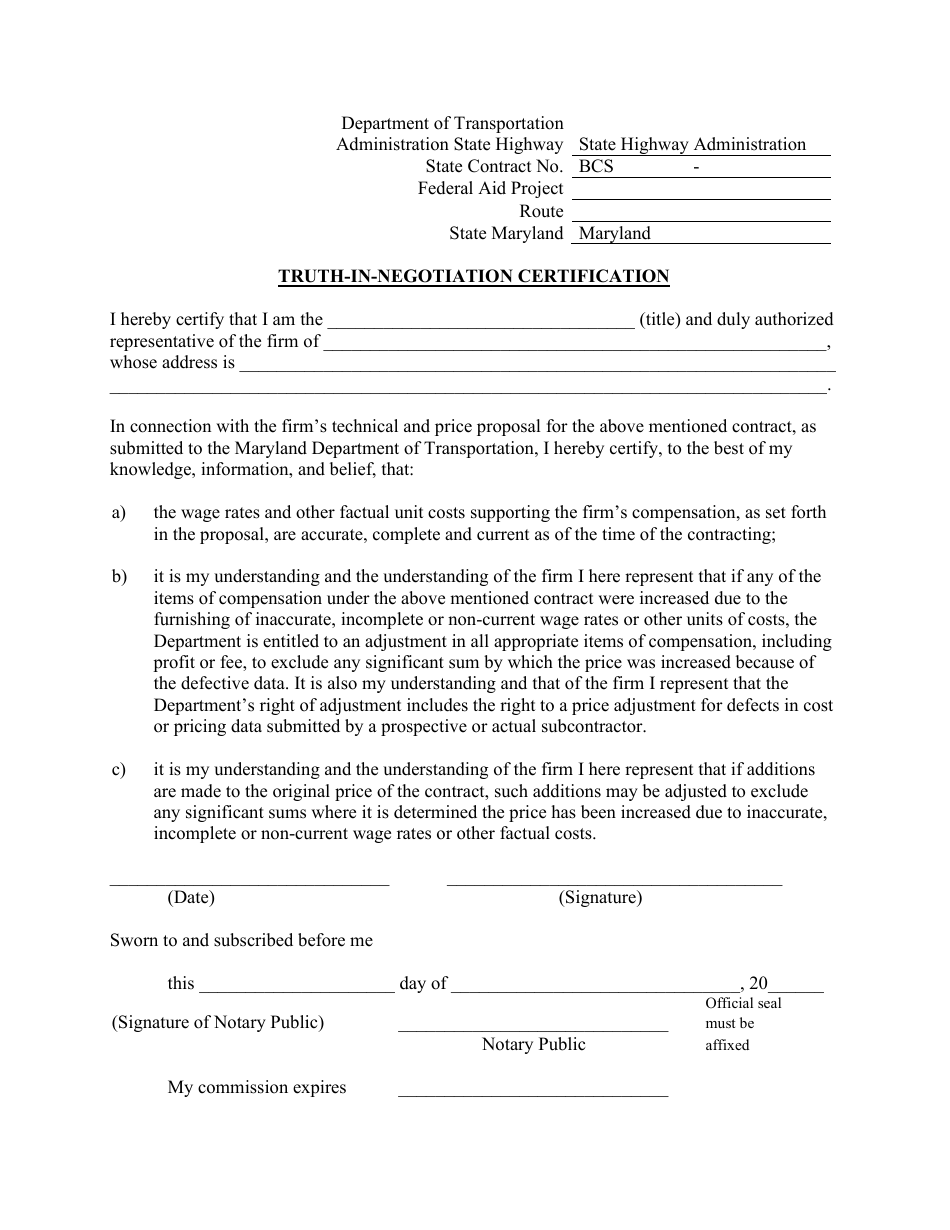 Truth-In-negotiation Certification - Maryland, Page 1