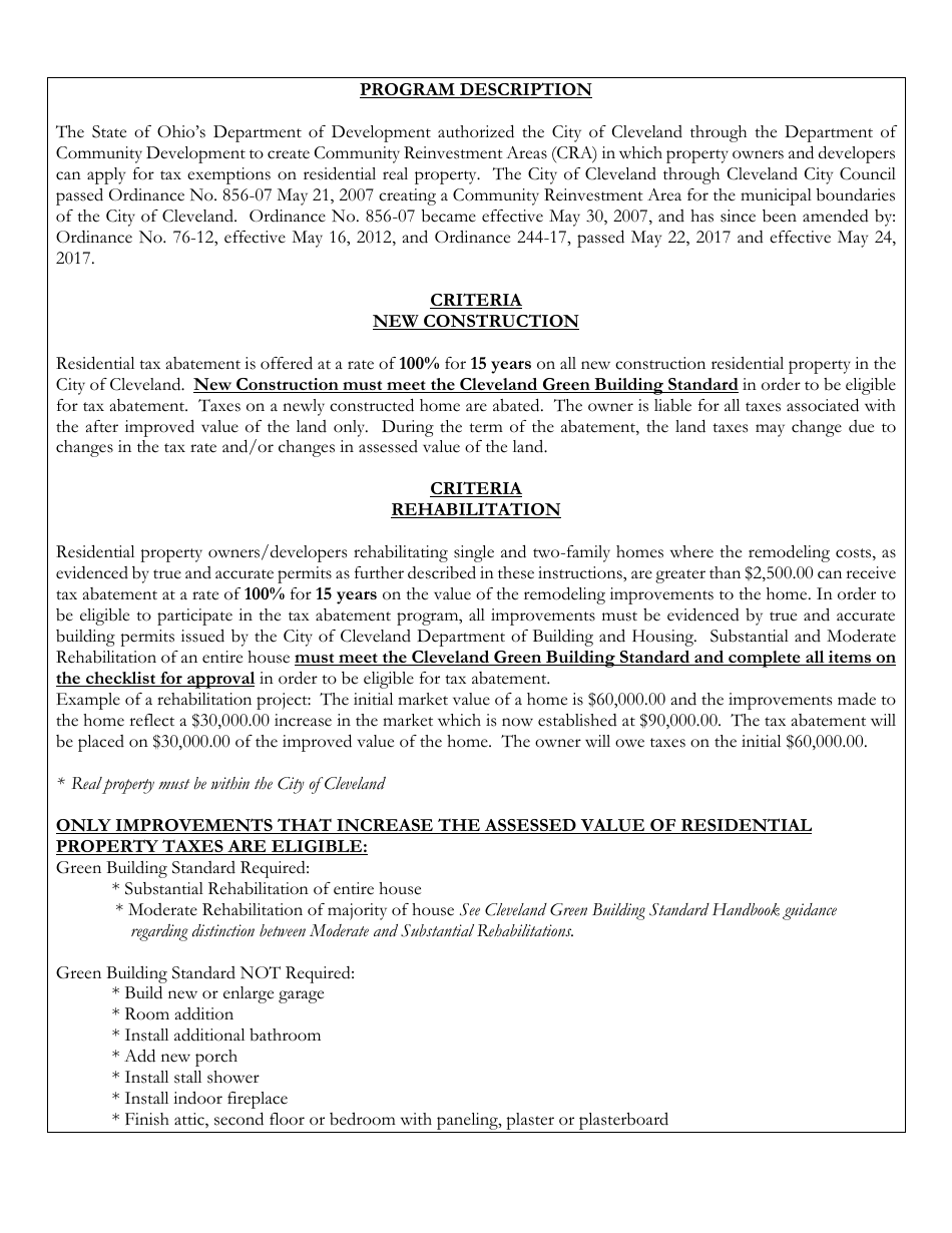 Single and Two Family Structure Application - Community Reinvestment Area Program - City of Cleveland, Ohio, Page 2