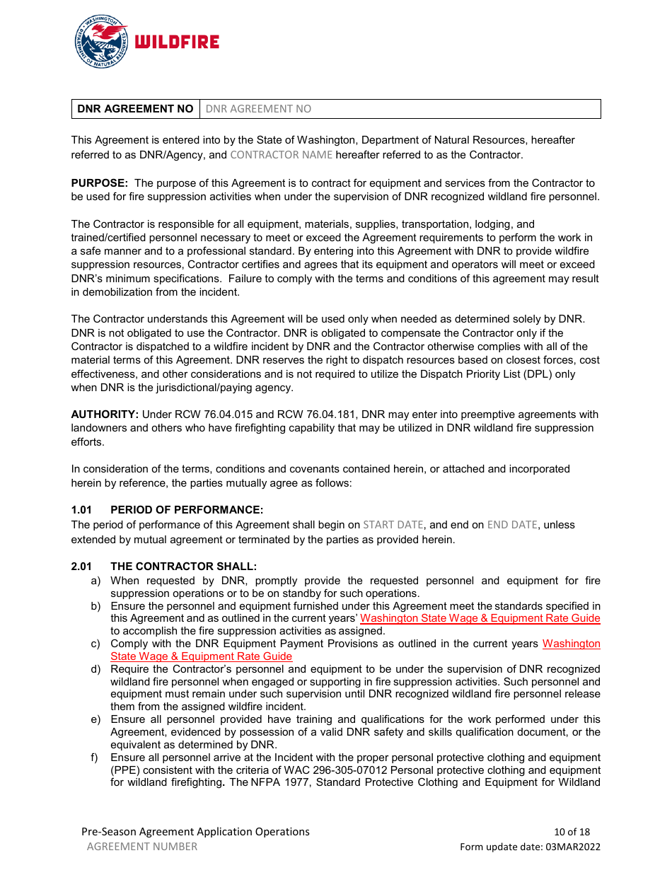 Pre-season Application and Agreement - Washington, Page 10