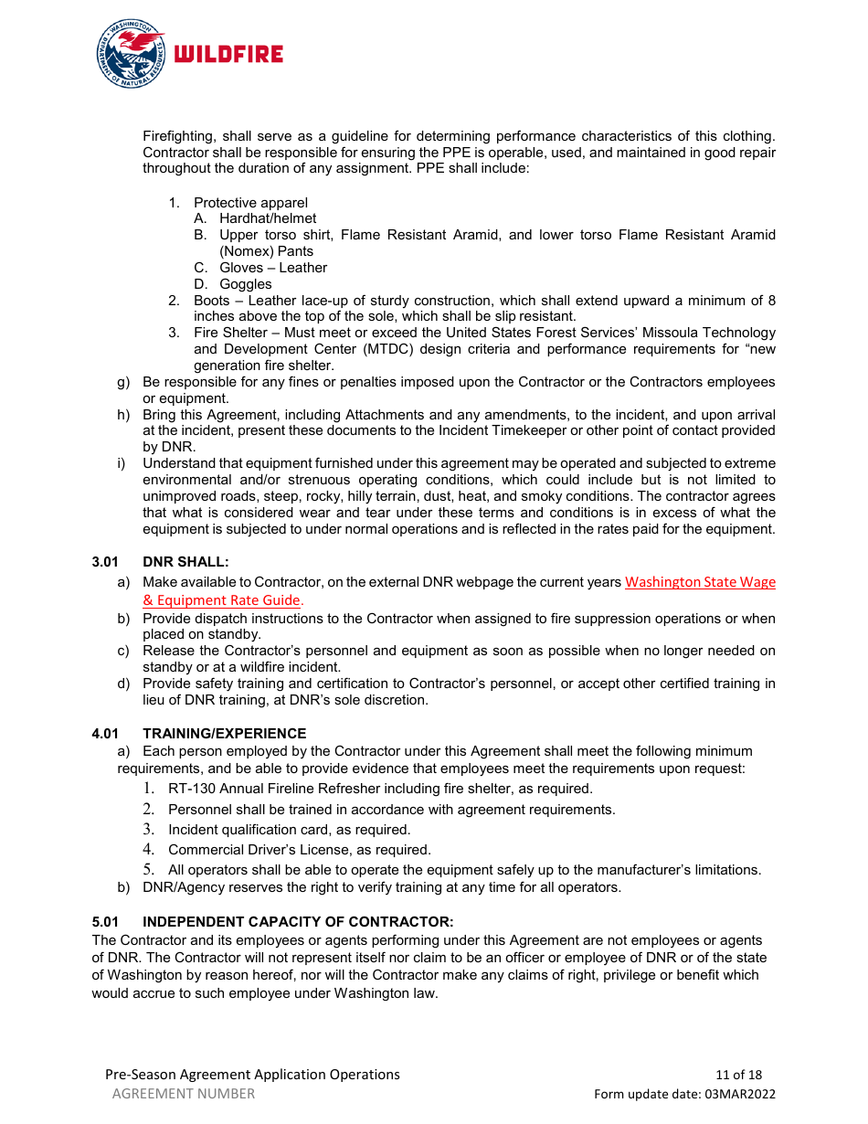 Pre-season Application and Agreement - Washington, Page 11