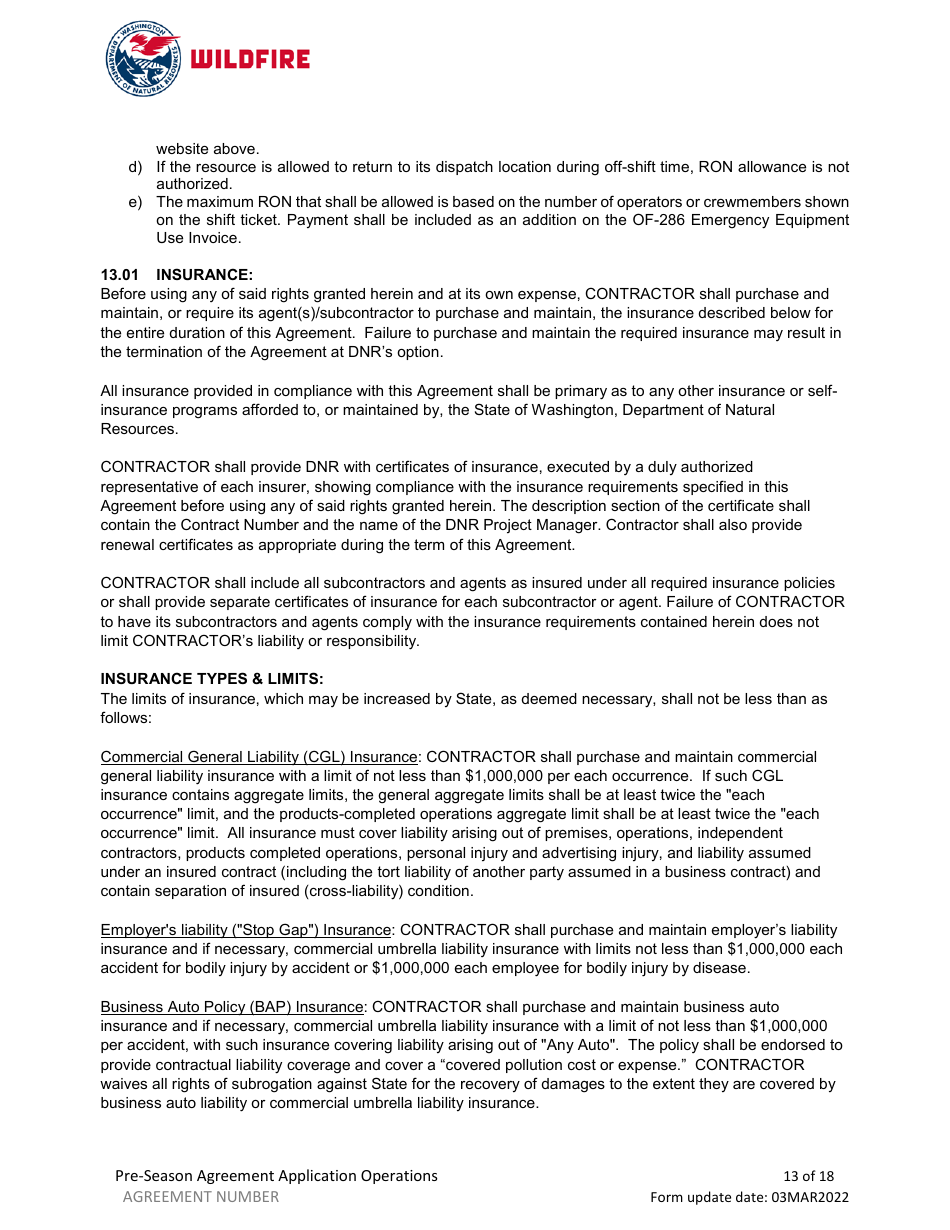Pre-season Application and Agreement - Washington, Page 13