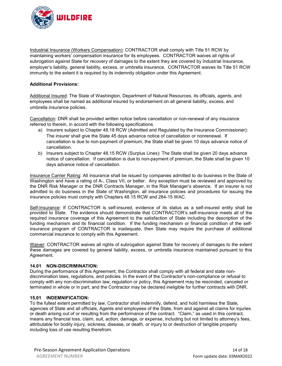 Pre-season Application and Agreement - Washington, Page 14