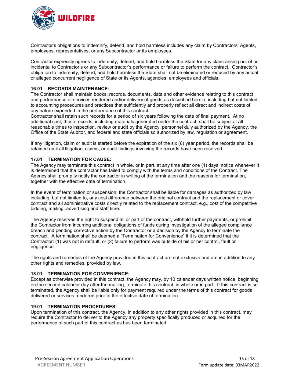 Pre-season Application and Agreement - Washington, Page 15