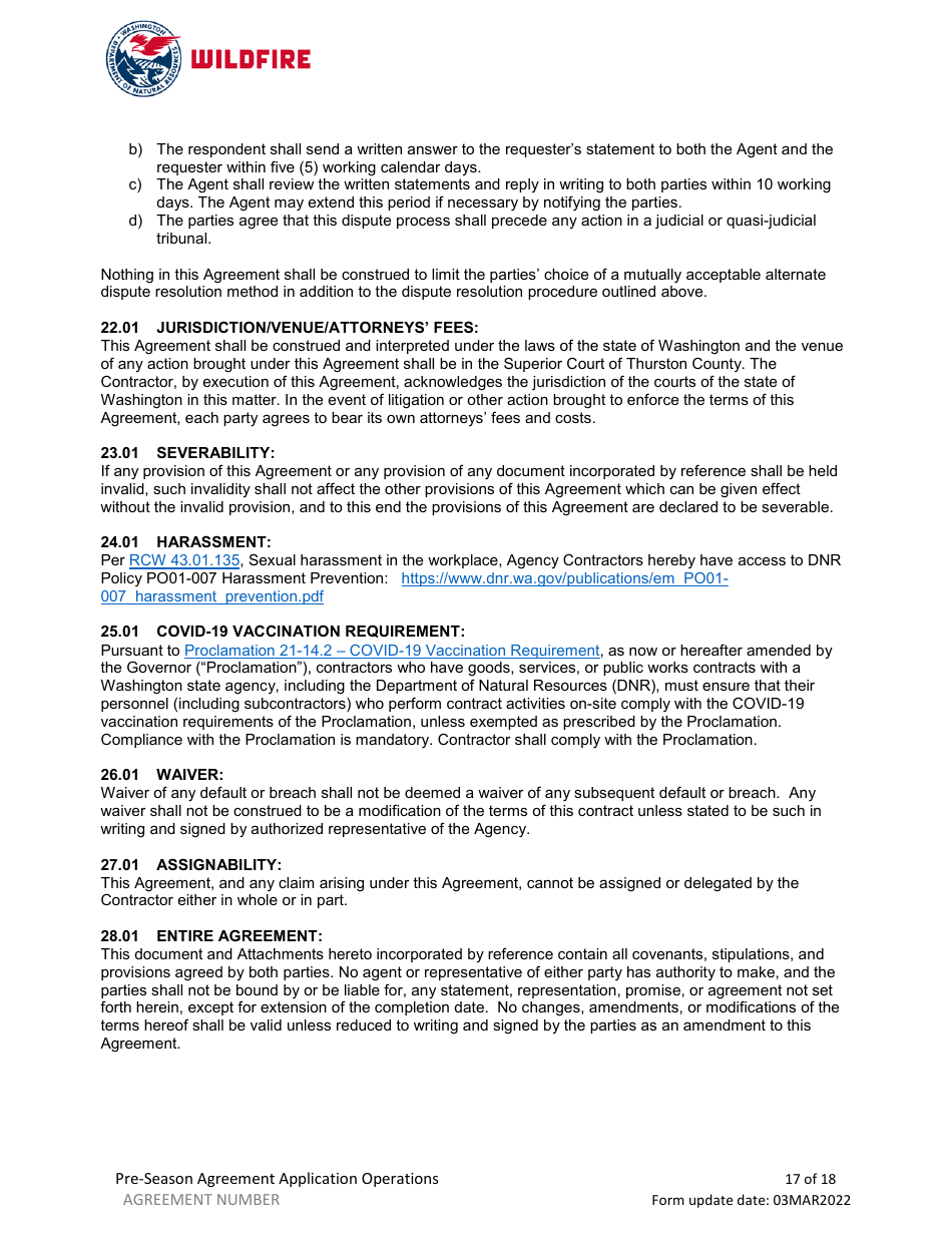 Pre-season Application and Agreement - Washington, Page 17
