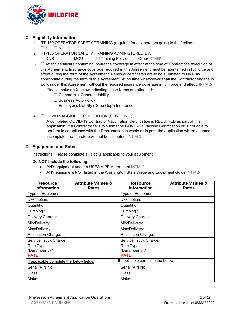 Pre-season Application and Agreement - Washington, Page 2
