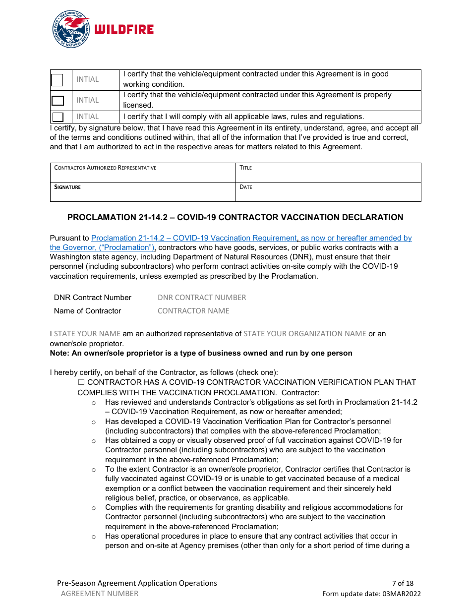 Pre-season Application and Agreement - Washington, Page 7