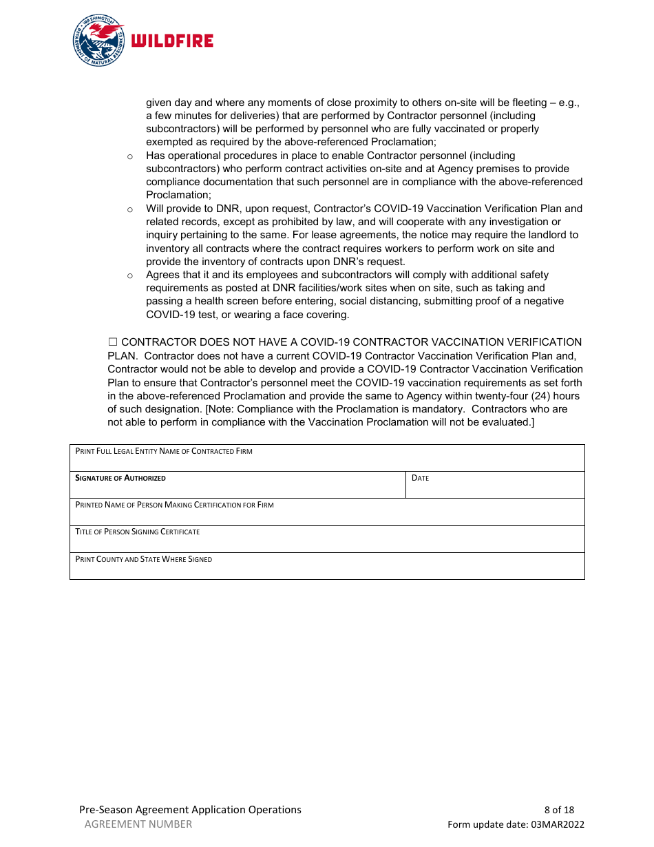 Pre-season Application and Agreement - Washington, Page 8