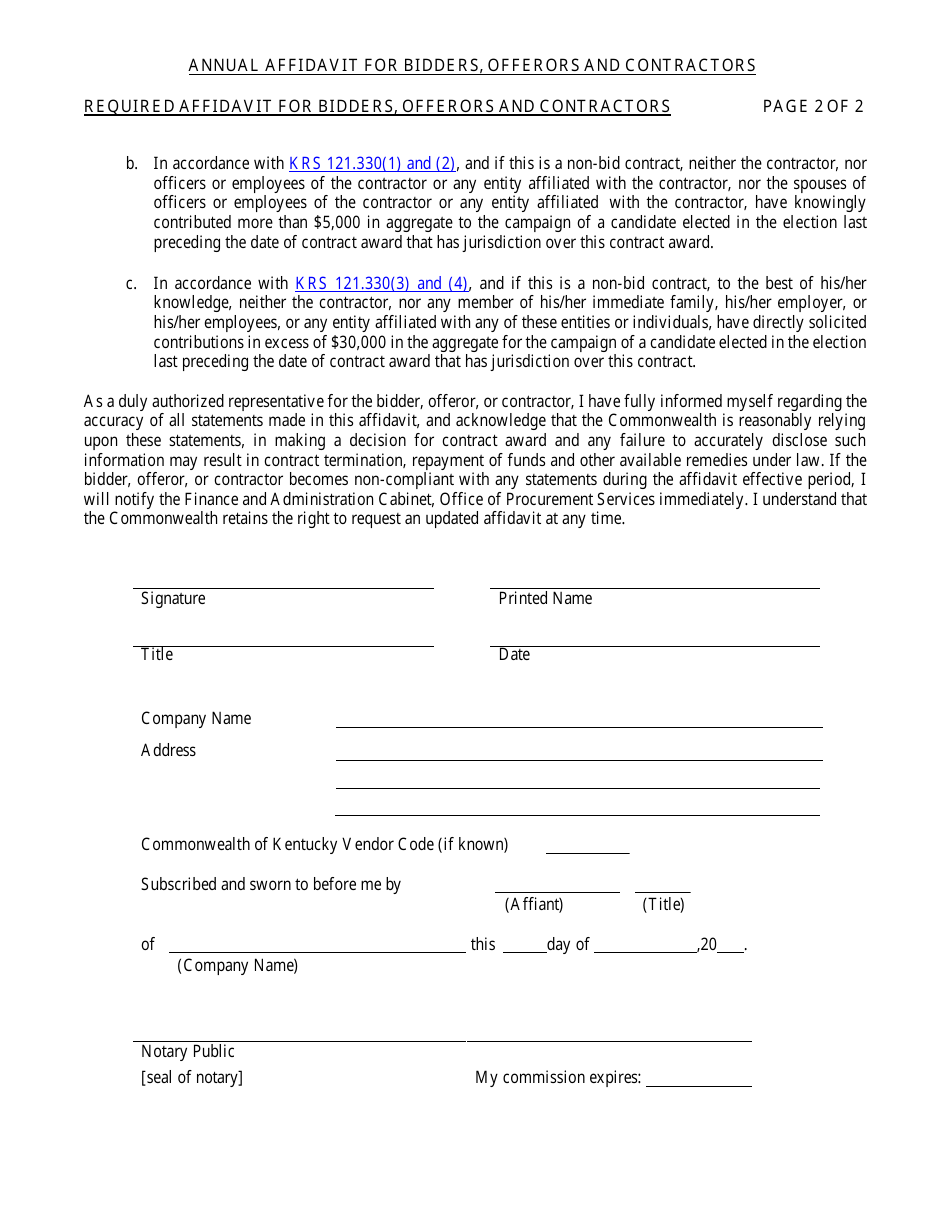 Annual Affidavit for Bidders, Offerors and Contractors - Kentucky, Page 2