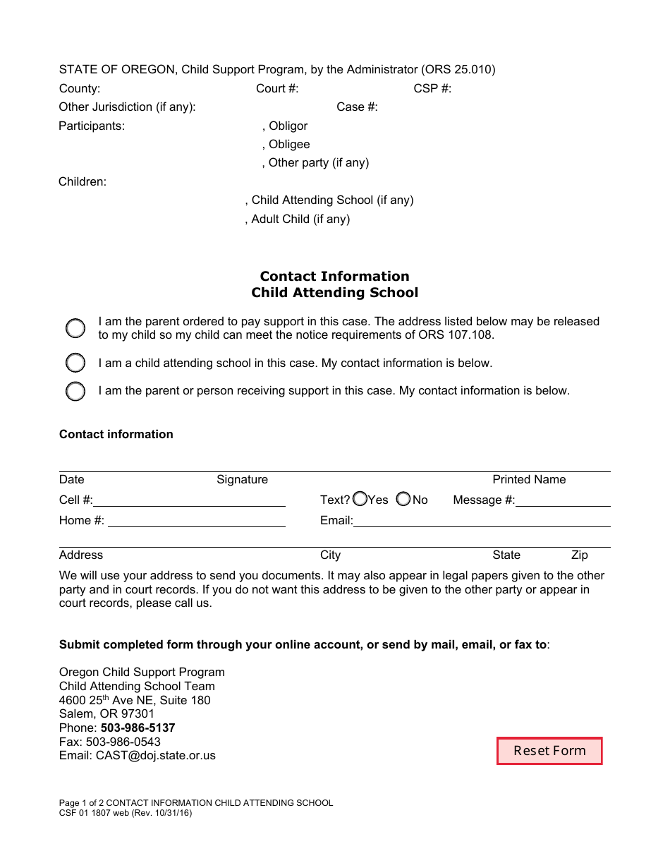 Form CSF01 1807 Contact Information: Child Attending School - Oregon, Page 1