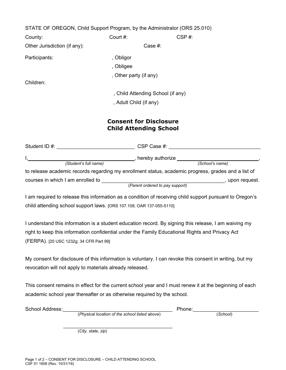 Form CSF01 1806 Consent for Disclosure: Child Attending School - Oregon, Page 1
