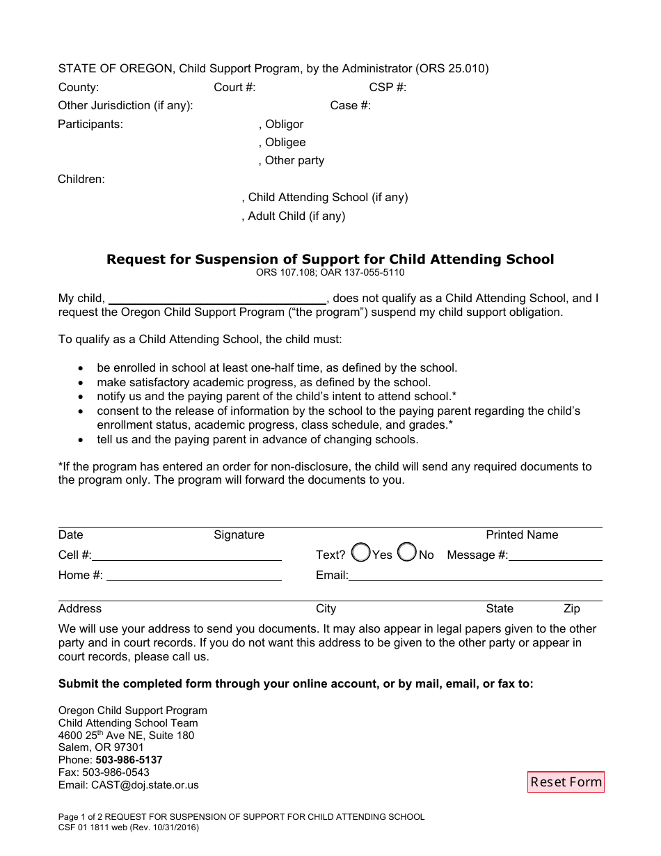 Form CSF01 1811 Request for Suspension of Support for Child Attending School - Oregon, Page 1