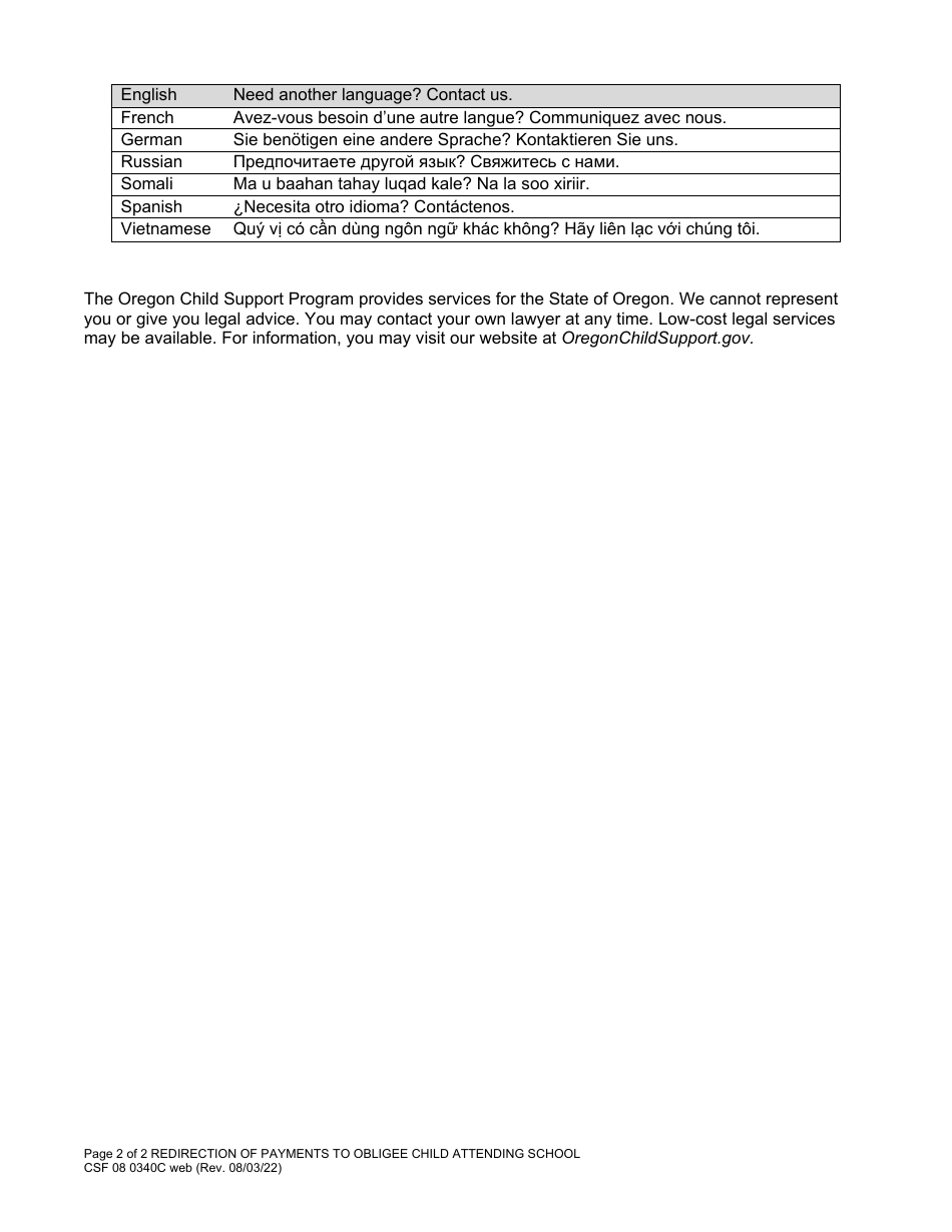 Form CFS08 0340C Redirection of Payments to Obligee Child Attending School - Oregon, Page 2