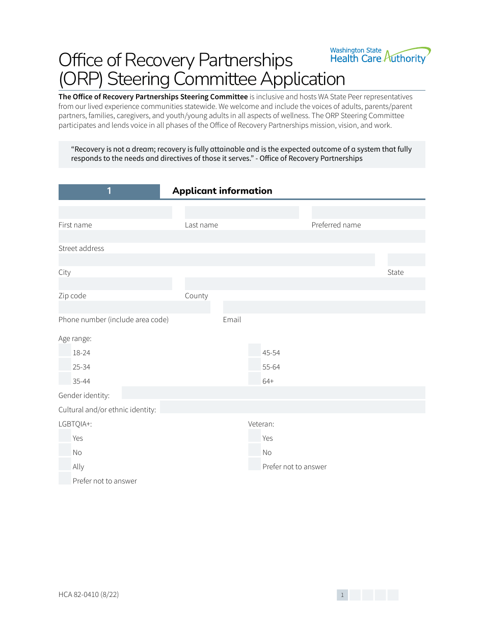Form HCA82-0410 Office of Recovery Partnerships (Orp) Steering Committee Application - Washington, Page 1
