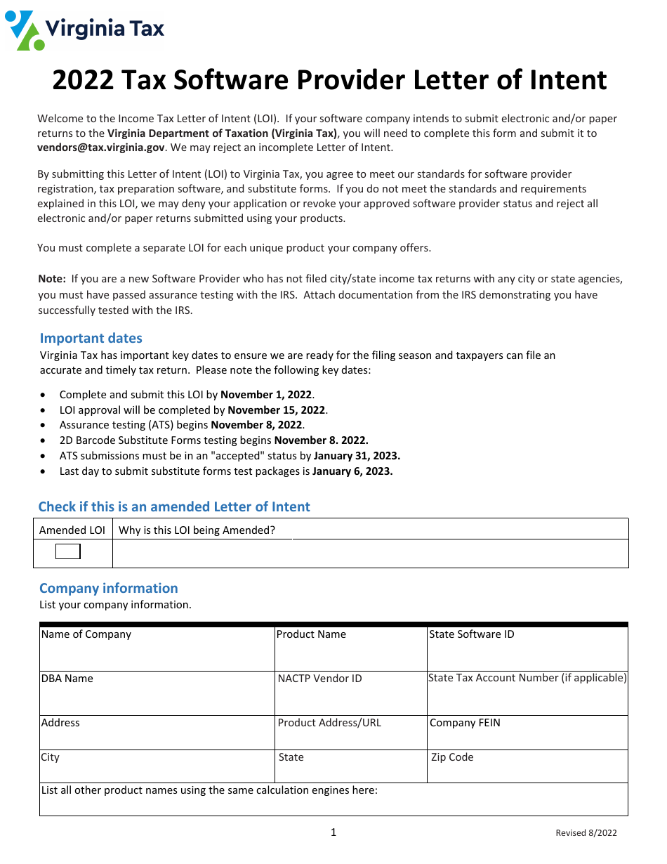 Tax Software Provider Letter of Intent - Virginia, Page 1