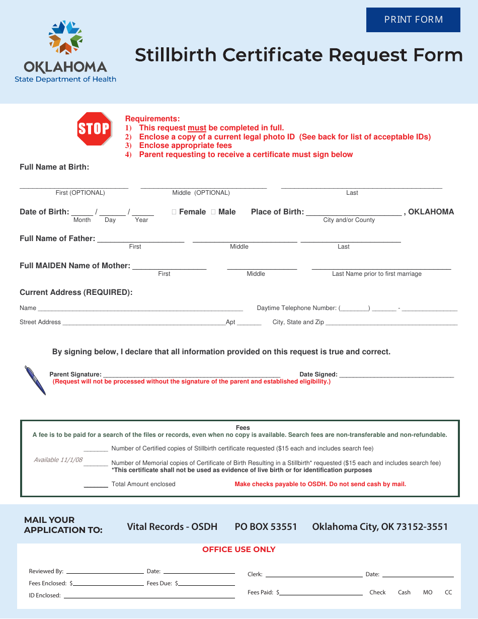 Stillbirth Certificate Request Form - Oklahoma, Page 1