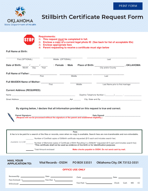 Stillbirth Certificate Request Form - Oklahoma Download Pdf
