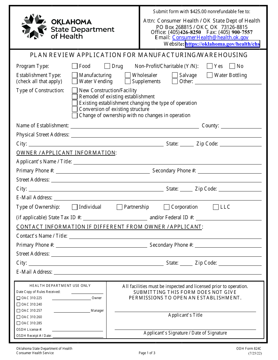 ODH Form 824C Plan Review Application for Manufacturing / Warehousing - Oklahoma, Page 1