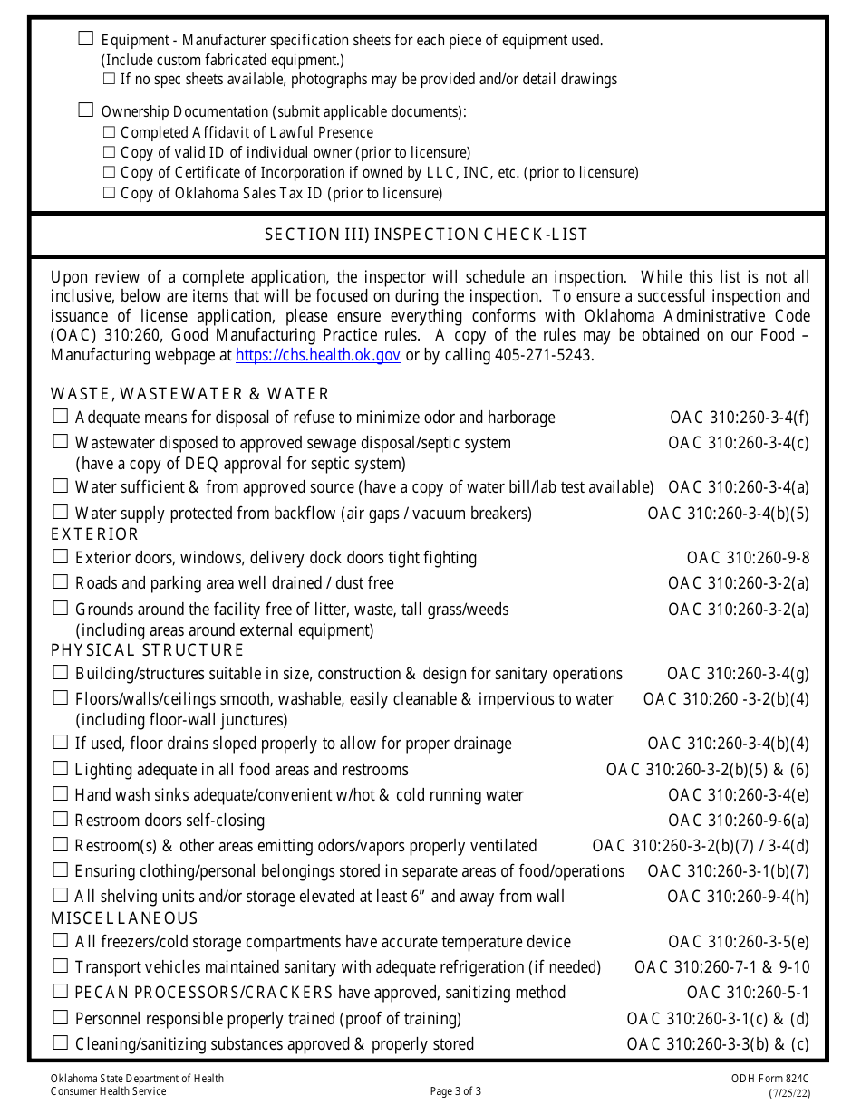 ODH Form 824C Plan Review Application for Manufacturing / Warehousing - Oklahoma, Page 3
