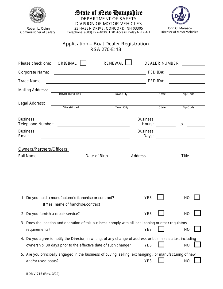 Form RDMV716 Application - Boat Dealer Registration - New Hampshire, Page 1