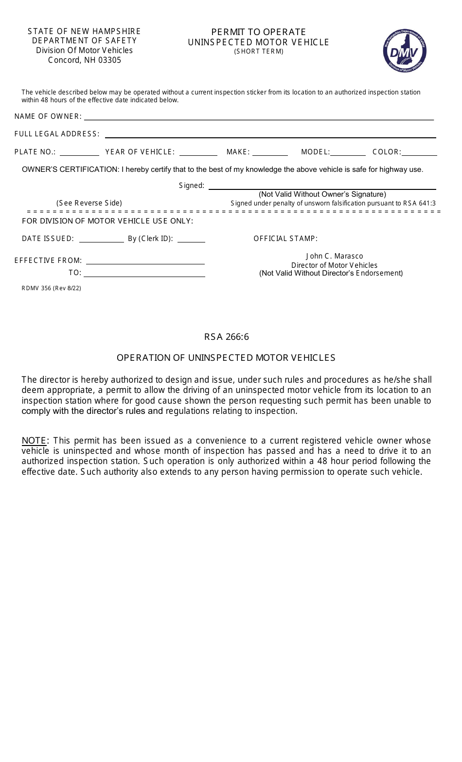 Form RDMV356 Permit to Operate Uninspected Motor Vehicle (Short Term) - New Hampshire, Page 1