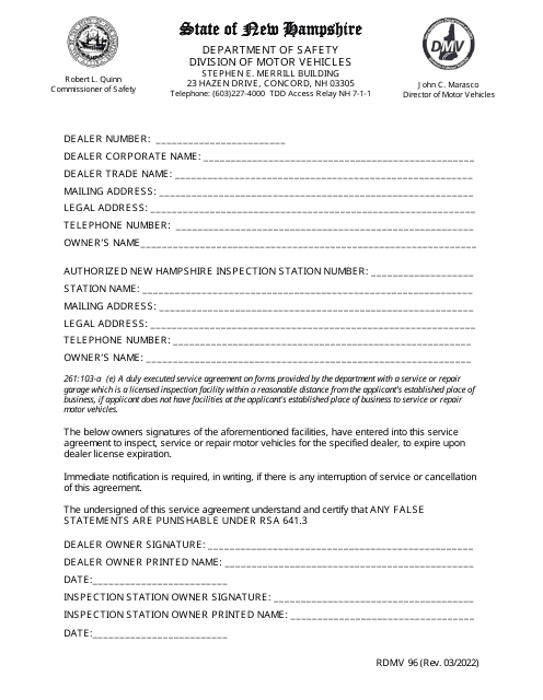 Form RDMV96 Service Agreement - New Hampshire