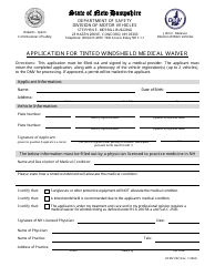 Document preview: Form DSMV603 Application for Tinted Windshield Medical Waiver - New Hampshire